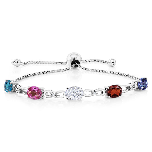 Gem Stone King 925 Sterling Silver Build Your Own Personalized 5 Birthstones and White Lab Grown Diamond Tennis Bracelet For Women Adjustable up to 9 Inches