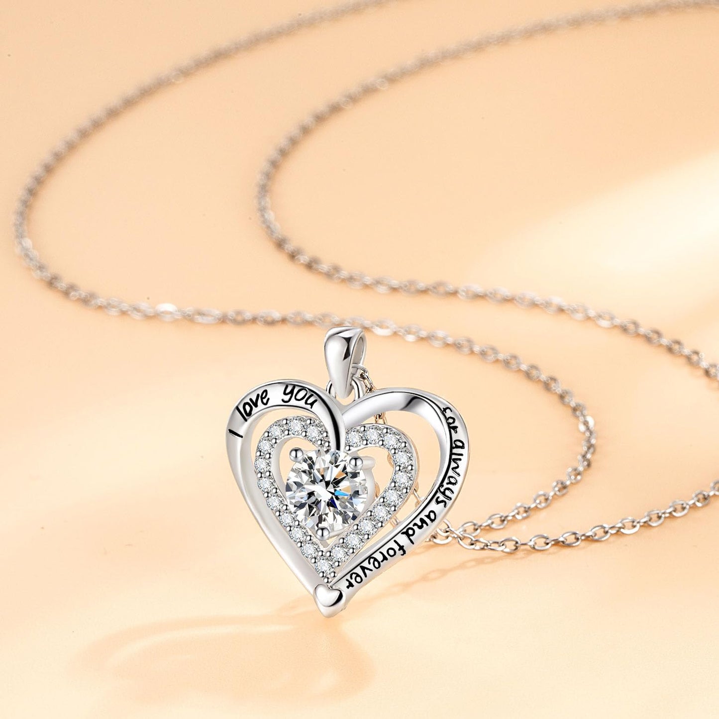 Yaumatea Always and Forever Double Heart Necklace for Women, I Love You Necklace with Cubic Zirconia, Birthstone Available, Romantic Jewelry Gift for Wife, Mom, Daughter, Girlfriend, Perfect for Mother's Day, Anniversary, Birthday, Valentine's Day (Apr 04