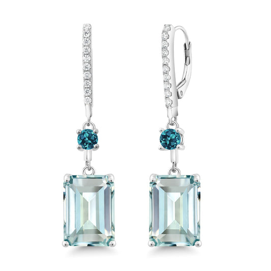 Gem Stone King 925 Sterling Silver Sky Blue Simulated Aquamarine and London Blue Topaz Dangle Earrings For Women (14.24 Cttw, Gemstone Birthstone, Emerald Cut 14X10MM)