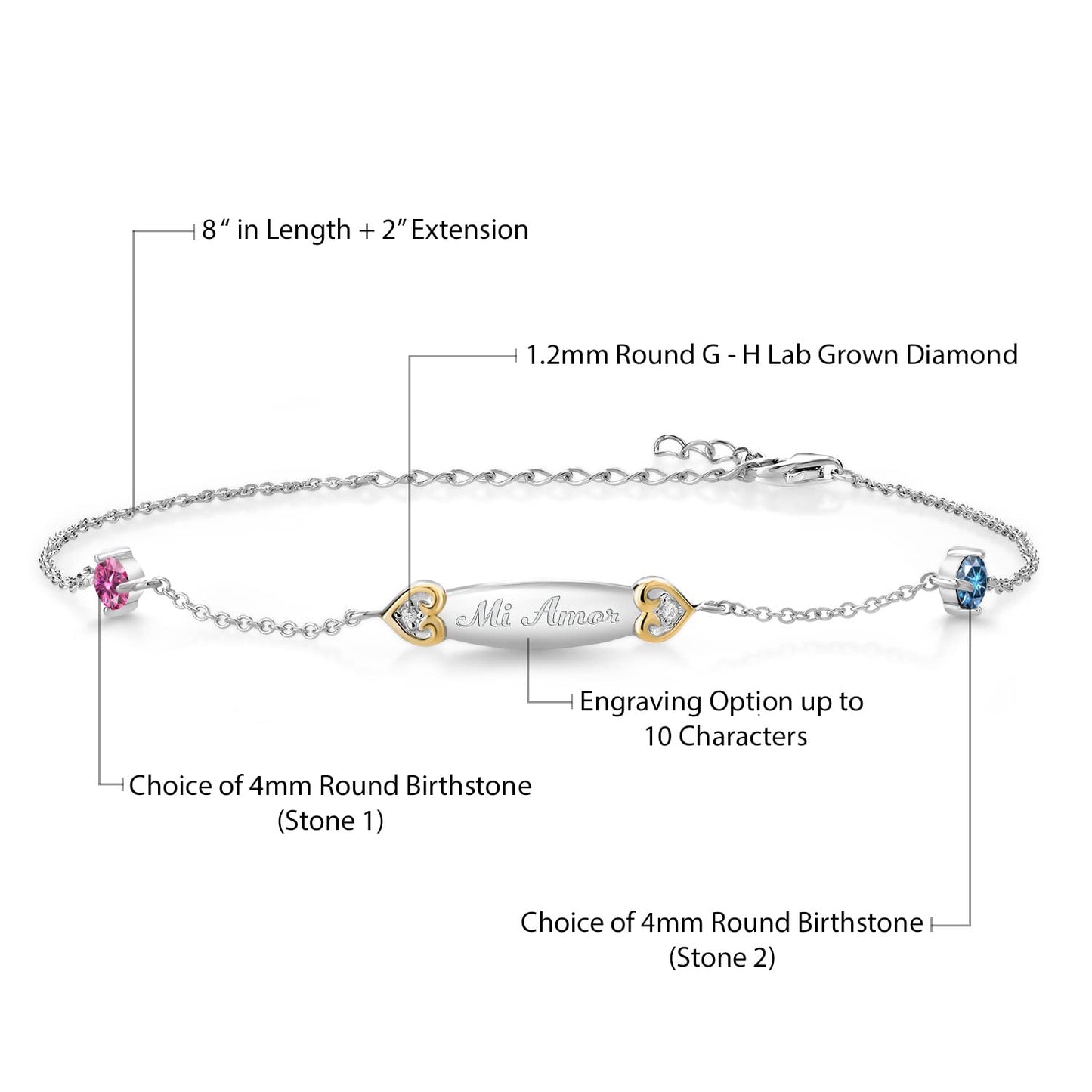 925 Silver and 10K Yellow Gold Build your Own Personalized Custom 2-Stone 4MM Round Birthstones and Lab Grown Diamond Free Lazer Engraving ID Name Bar Tennis Anklet For Women (8 + 2 inches Extension)