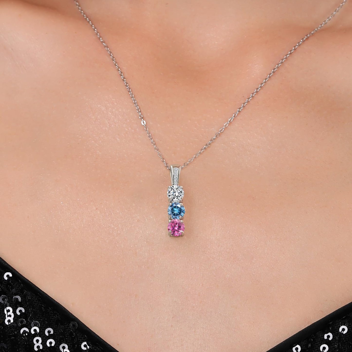 Gem Stone King Customized and Personalized Diamond and 3 Gemstone Birthstone Mother Necklaces In 925 Sterling Silver | 3-Stone Pendant Necklace For Women | Round 5MM | With 18 Inch Silver Chain