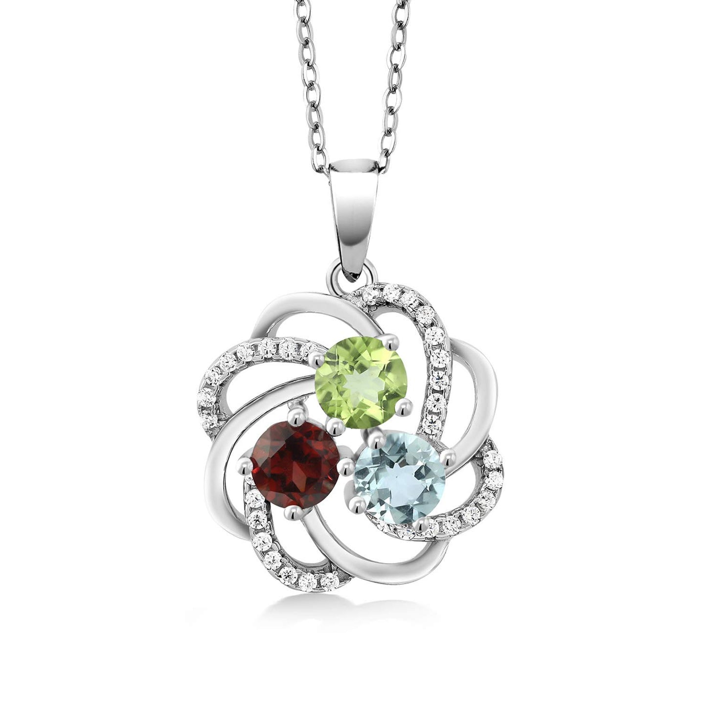 Gem Stone King 925 Sterling Silver Customized and Personalized 3 Round Gemstone Birthstone Fashion Love Mothers Flower Blossom Pendant Necklace For Women with 18 Inch Chain