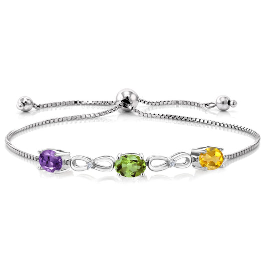 Gem Stone King 925 Sterling Silver Customized and Personalized 3 Gemstone Birthstone and White Lab Grown Diamond Tennis Infinity Bracelet For Women (2.27 Cttw, Adjustable up to 9 Inches)