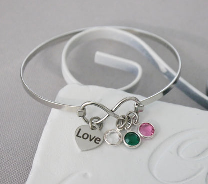 Infinity Bangle - Birthstone Bracelet - 1 2 3 4 5 6 Birthstones - Mothers Bracelet - Grandma Bracelet - Infinity Bracelet - Personalized - Love Gifts - Gifts for Mom - Gifts for Grandmothers