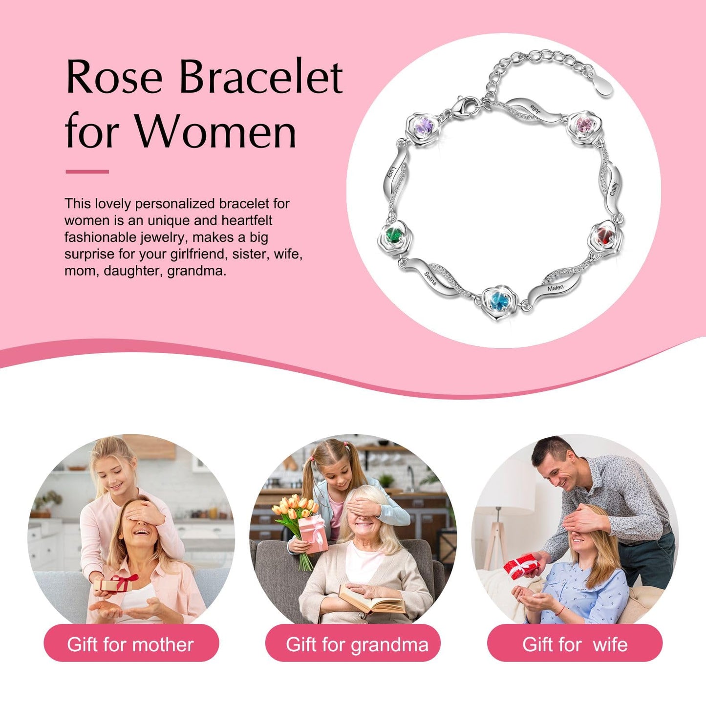 LanM Christmas Gifts Mom Gifts Personalized Mothers Bracelet with 5 Birthstones Rose Flower Bracelets for Women Custom Mom Bracelet with Names, Mothers Day, Birthday, Anniversary