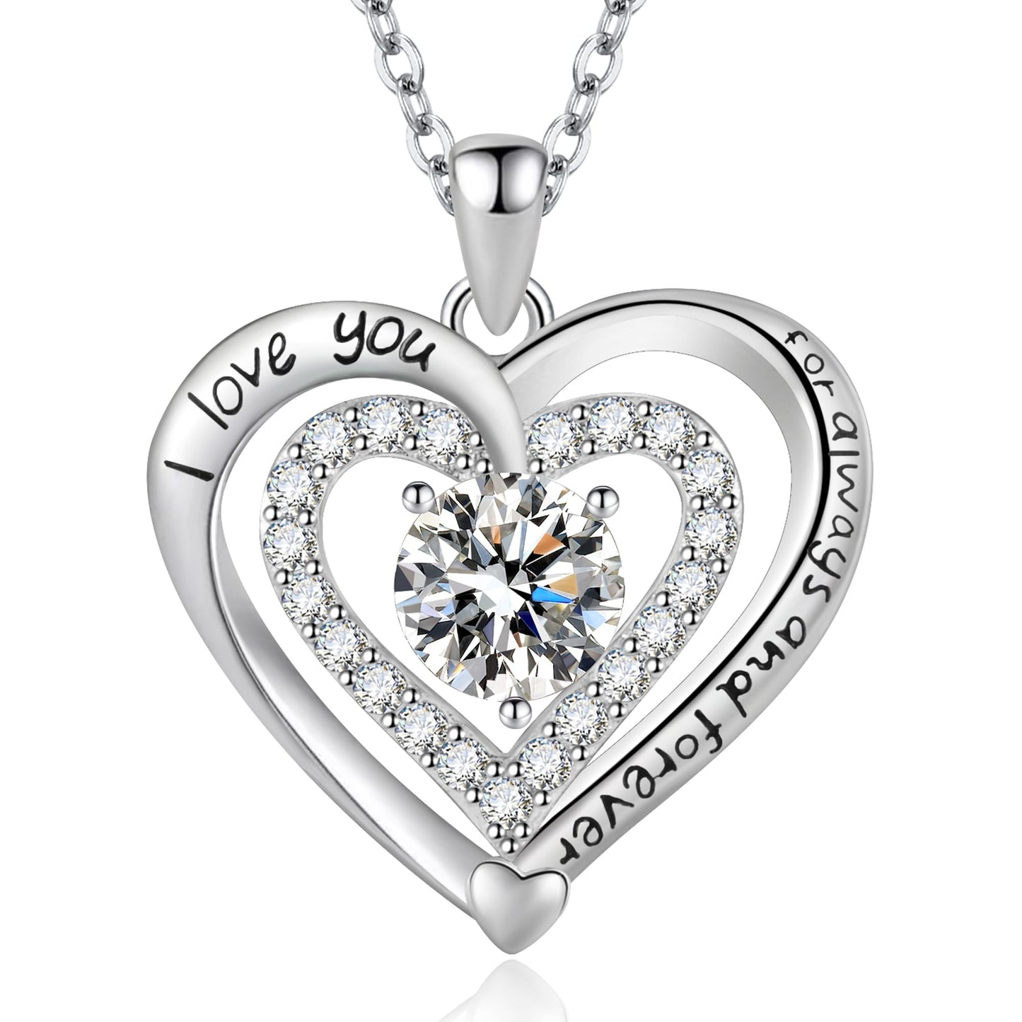 Yaumatea Always and Forever Double Heart Necklace for Women, I Love You Necklace with Cubic Zirconia, Birthstone Available, Romantic Jewelry Gift for Wife, Mom, Daughter, Girlfriend, Perfect for Mother's Day, Anniversary, Birthday, Valentine's Day (Apr 04