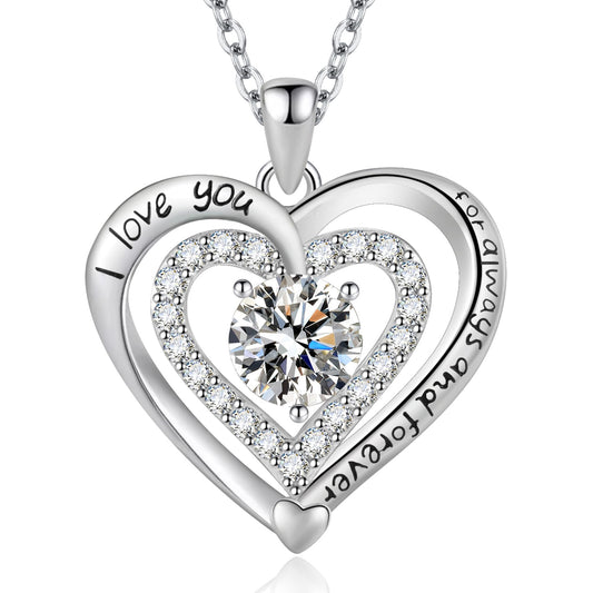 Yaumatea Always and Forever Double Heart Necklace for Women, I Love You Necklace with Cubic Zirconia, Birthstone Available, Romantic Jewelry Gift for Wife, Mom, Daughter, Girlfriend, Perfect for Mother's Day, Anniversary, Birthday, Valentine's Day (Apr 04