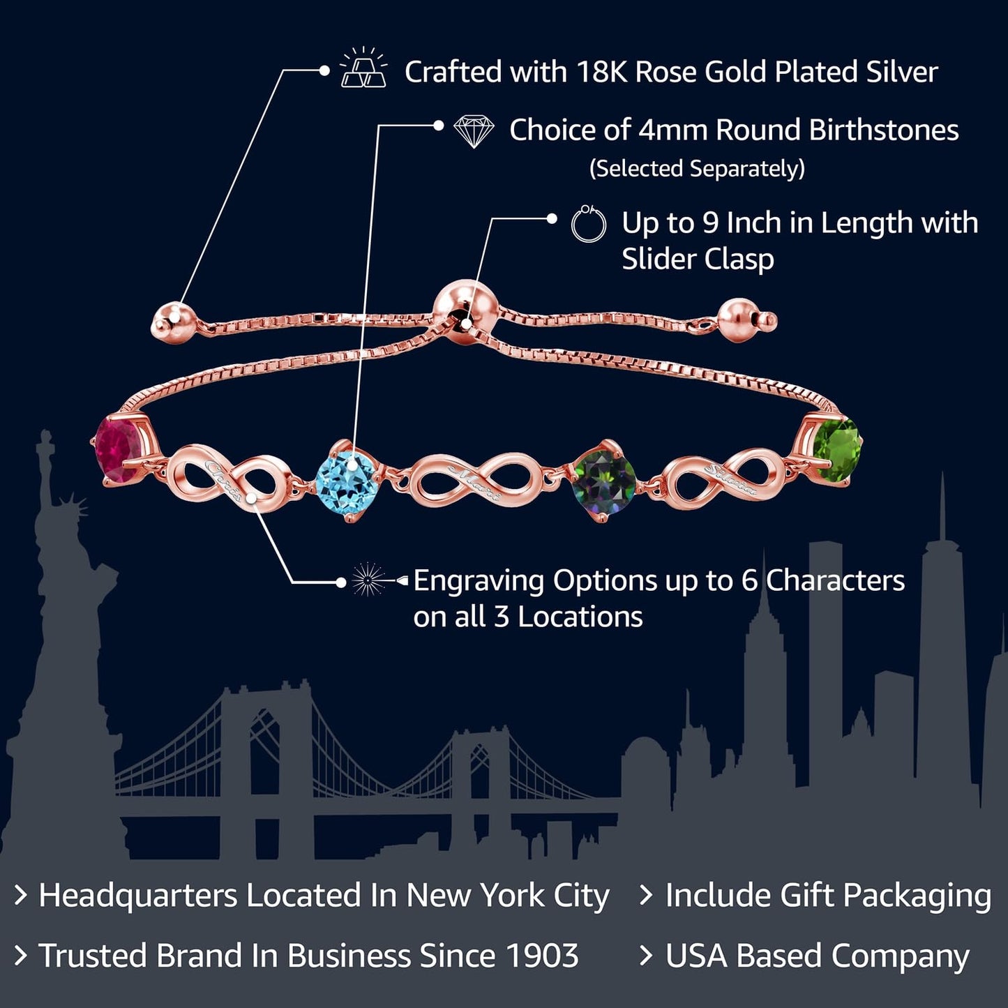 Gem Stone King 18K Rose Gold Plated Silver Customized and Personalized 4 Gemstone Birthstone Adjustable Infinity Tennis Bracelet For Women By Keren Hanan