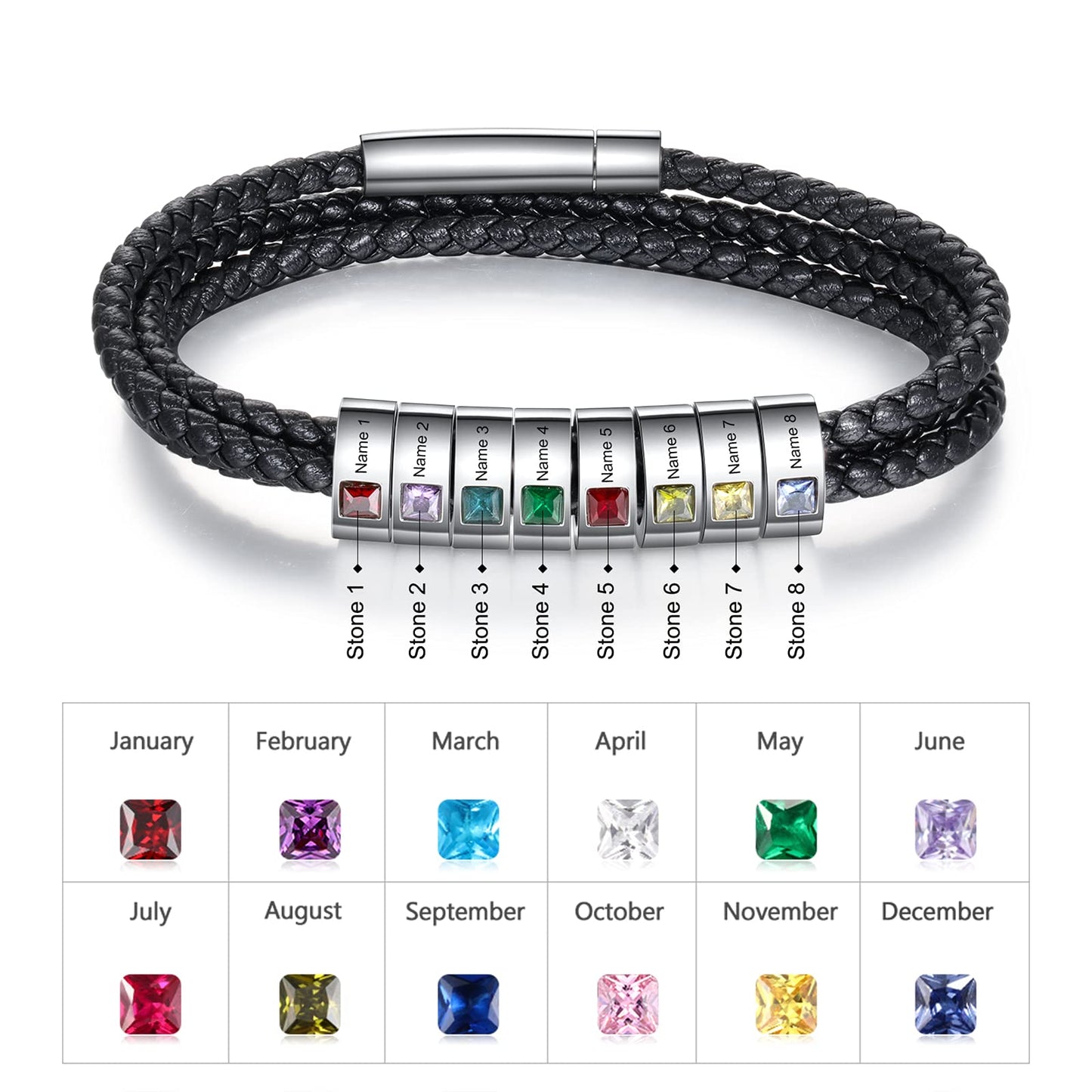 kaululu Gifts for men Custom Leather Bracelet for Men with 8 Birthstones Engraved Stainless Steel Beads Personalized Names Bracelet for Father Husband Birthday Gift Christmas Gifts for Men