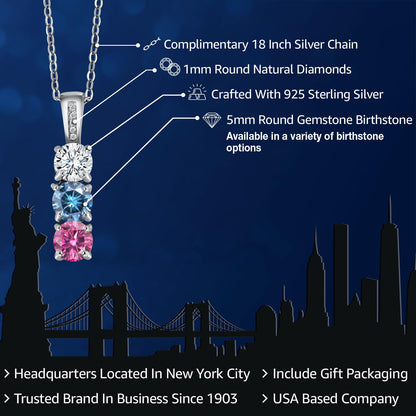 Gem Stone King Customized and Personalized Diamond and 3 Gemstone Birthstone Mother Necklaces In 925 Sterling Silver | 3-Stone Pendant Necklace For Women | Round 5MM | With 18 Inch Silver Chain