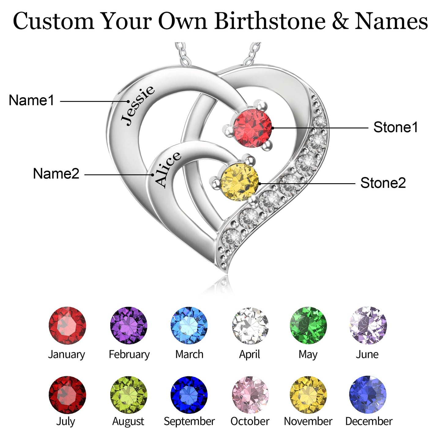 Easycosy Personalized 2 Names Necklace with Simulated Birthstones Custom Promise Necklace Heart Pendant with Engraved Names - Valentines Anniversary Birthday Jewelry Gifts for Women Girlfriend Wife