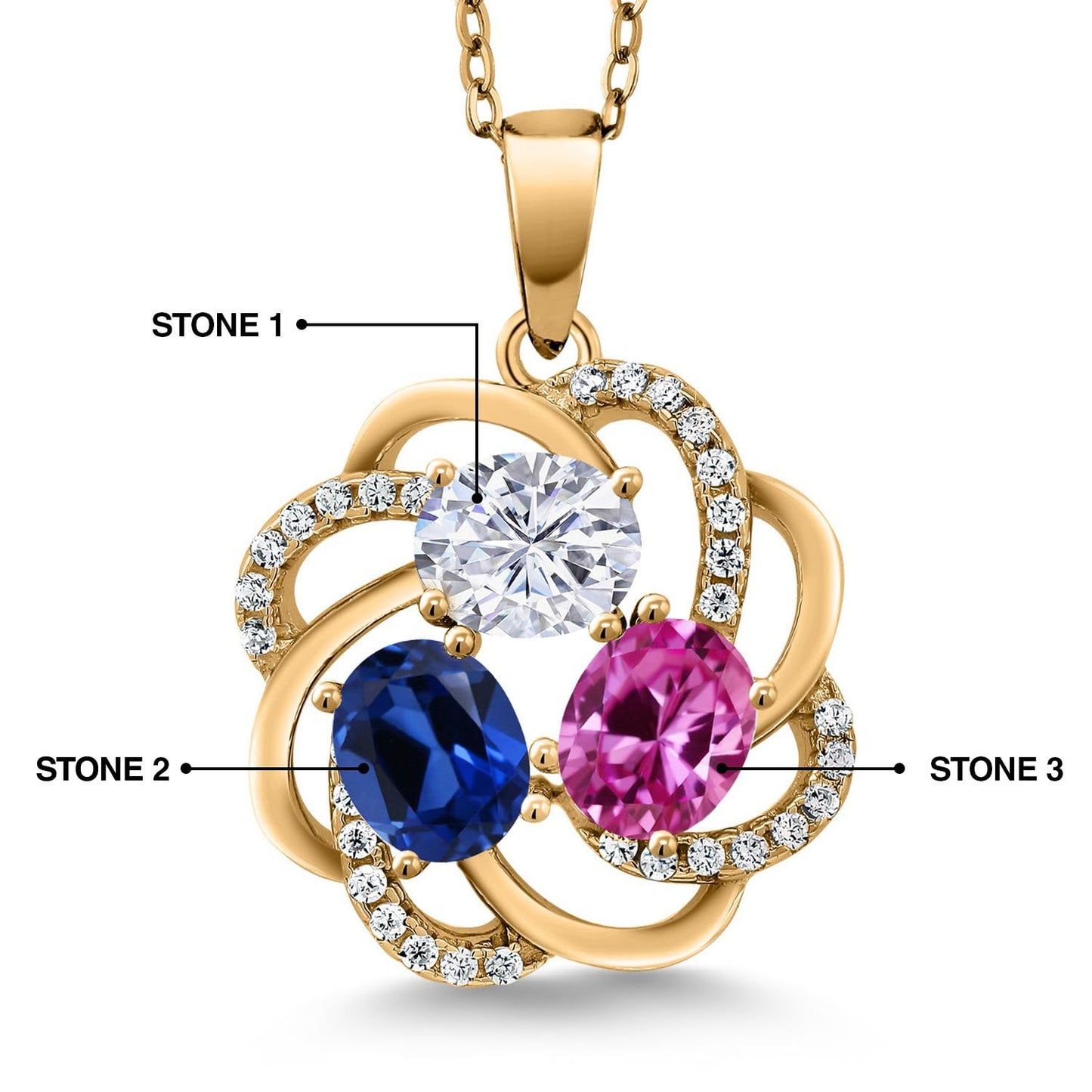 Gem Stone King 18K Yellow Gold Plated Silver Yellow Gold Plated Customized and Personalized 3 Gemstone Birthstone Flower Mothers Family Blossom Couple Pendant For Women