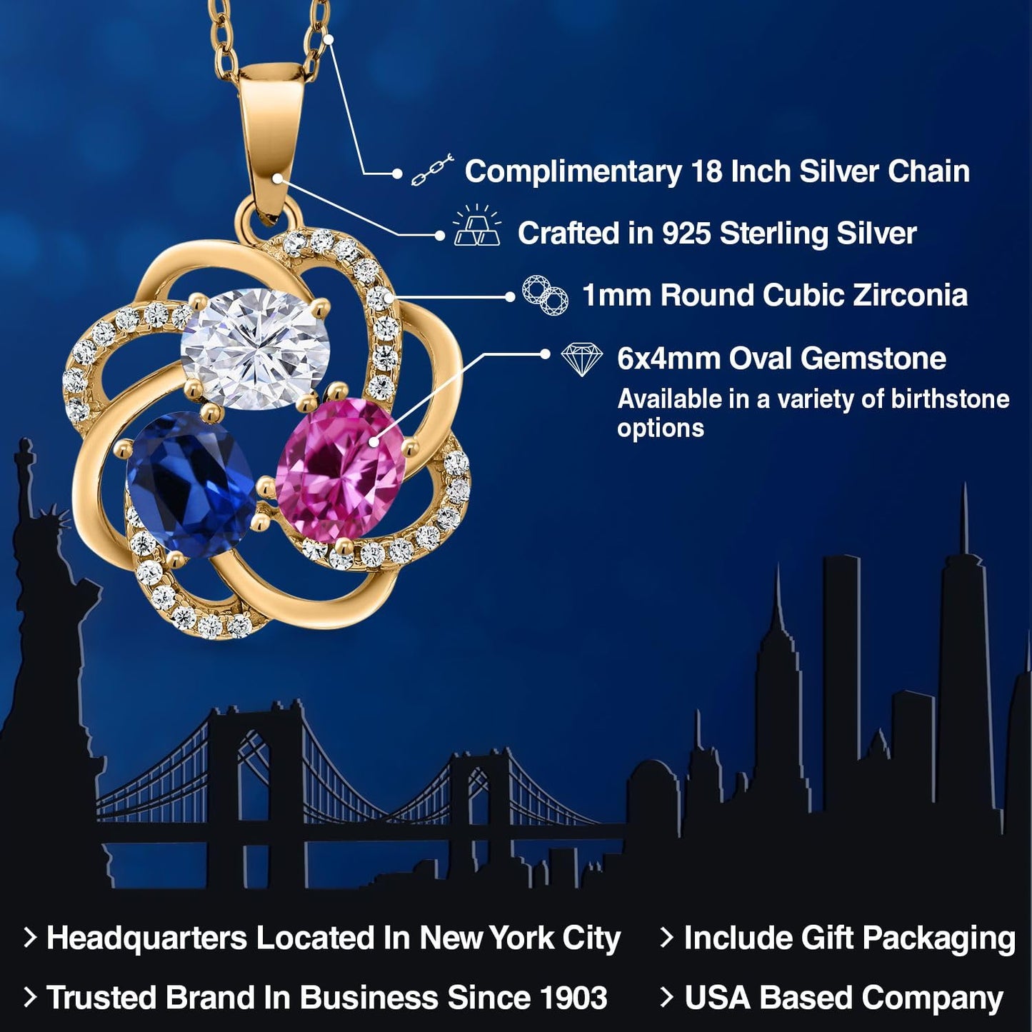 Gem Stone King 18K Yellow Gold Plated Silver Yellow Gold Plated Customized and Personalized 3 Gemstone Birthstone Flower Mothers Family Blossom Couple Pendant For Women