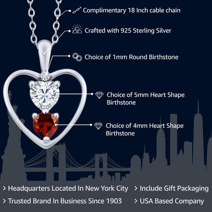 Gem Stone King 925 Sterling Silver Customized and Personalized Gemstone Birthstone and Lab Grown Diamond Love Mothers Heart Shape Pendant Necklace For Women with 18 Inch Silver Chain