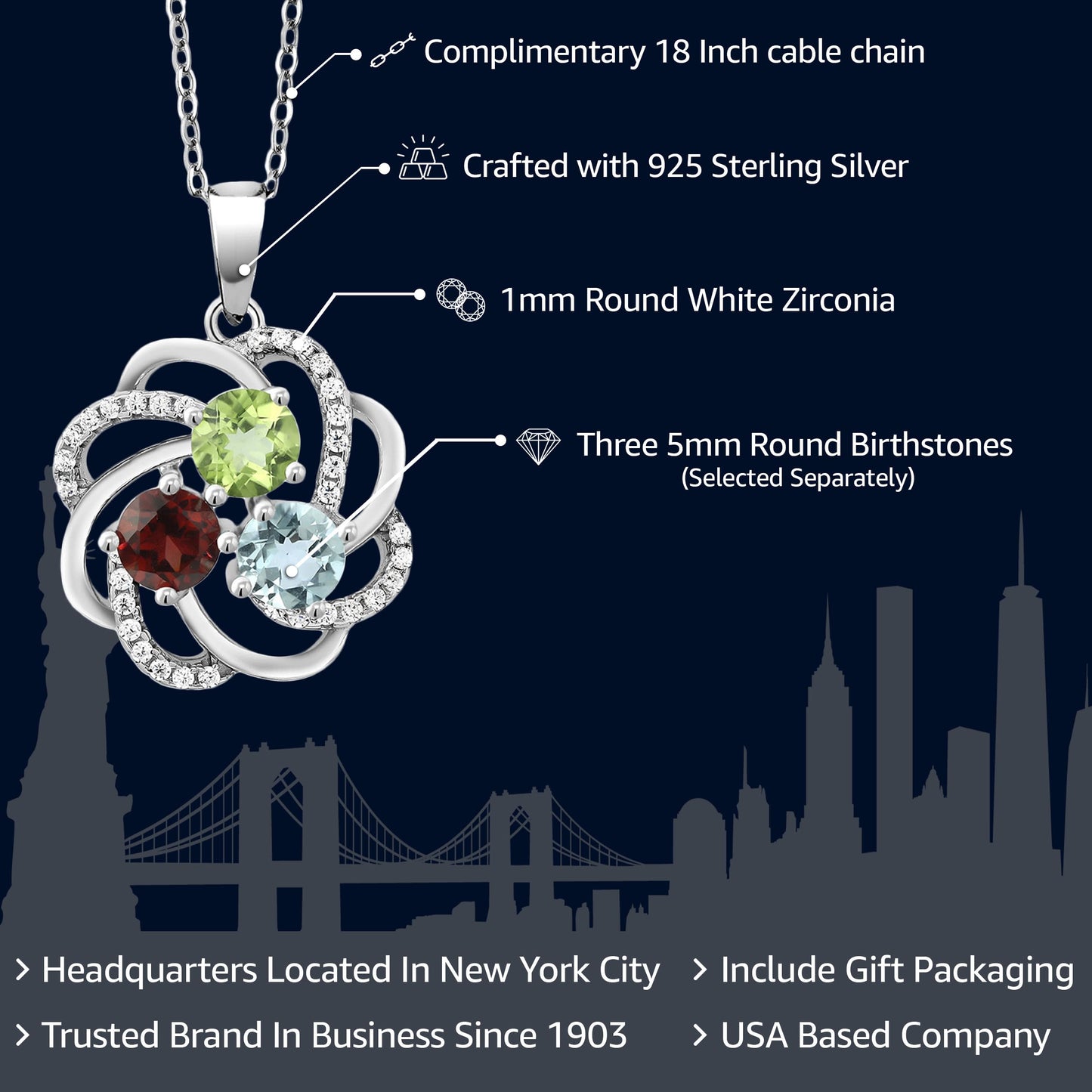 Gem Stone King 925 Sterling Silver Customized and Personalized 3 Round Gemstone Birthstone Fashion Love Mothers Flower Blossom Pendant Necklace For Women with 18 Inch Chain