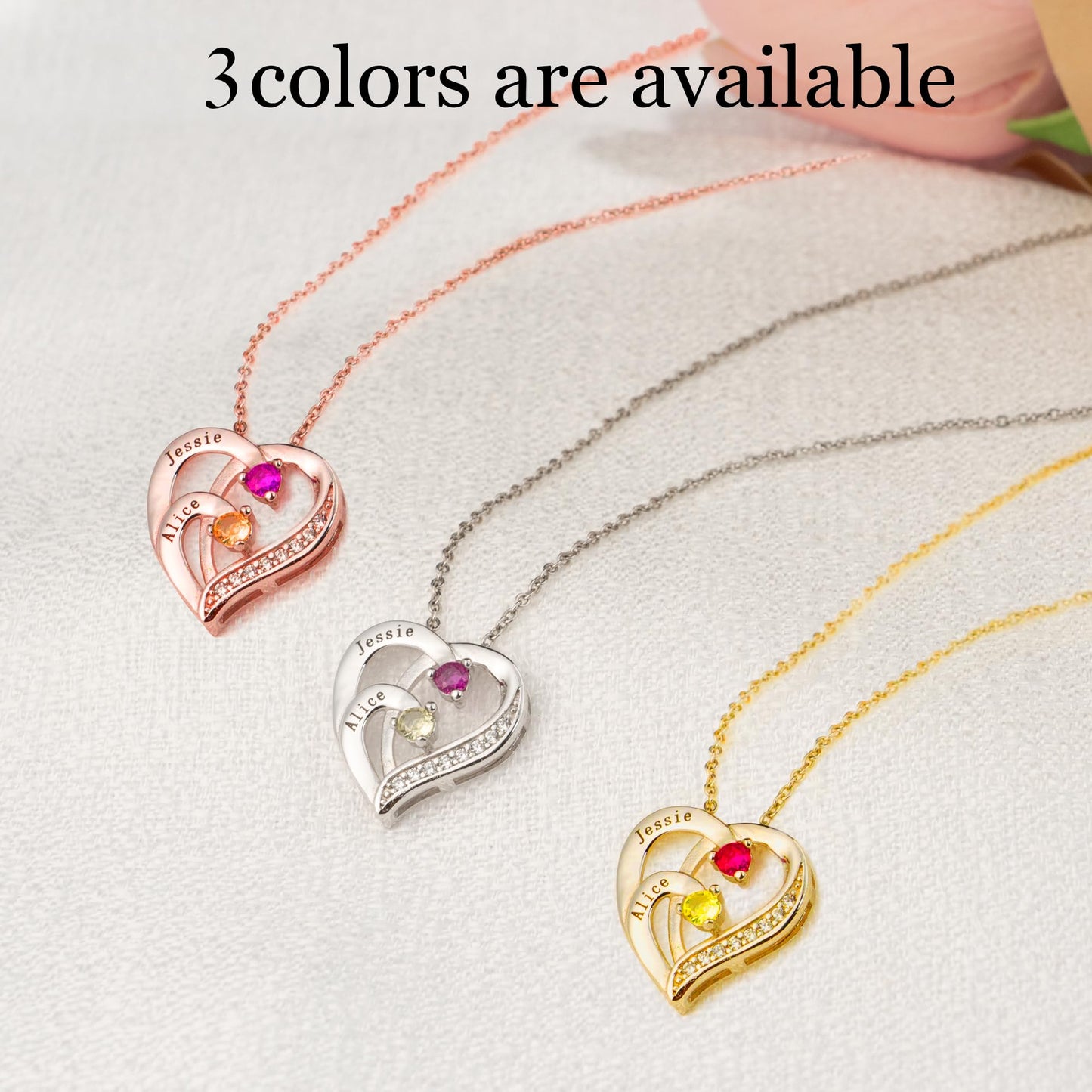 Easycosy Personalized 2 Names Necklace with Simulated Birthstones Custom Promise Necklace Heart Pendant with Engraved Names - Valentines Anniversary Birthday Jewelry Gifts for Women Girlfriend Wife