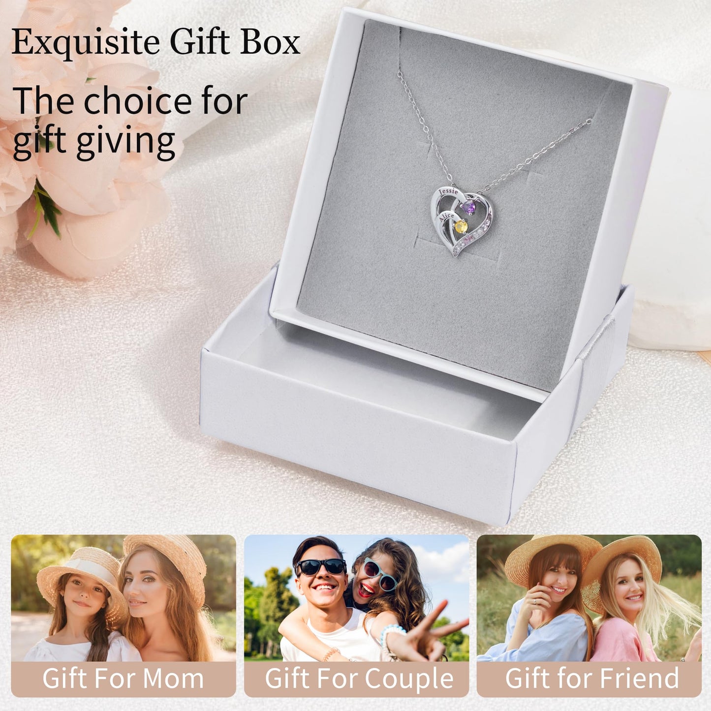 Easycosy Personalized 2 Names Necklace with Simulated Birthstones Custom Promise Necklace Heart Pendant with Engraved Names - Valentines Anniversary Birthday Jewelry Gifts for Women Girlfriend Wife